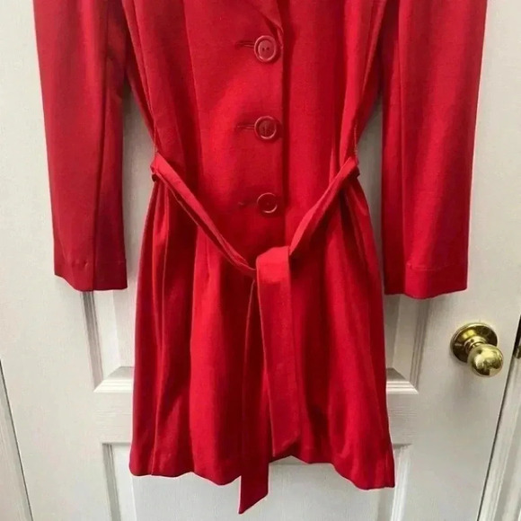 Vintage Le Chateau Trench Coat Red Ponte Knit Duster Blazer Belted Y2K Small - Picture 7 of 16